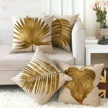 Load image into Gallery viewer, Faux Linen Golden Palm Leaf Pillow Case
