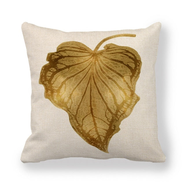 Faux Linen Golden Palm Leaf Pillow Case