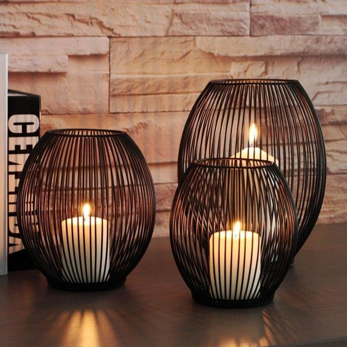 3Pcs Black Metal Lantern Candle Holders